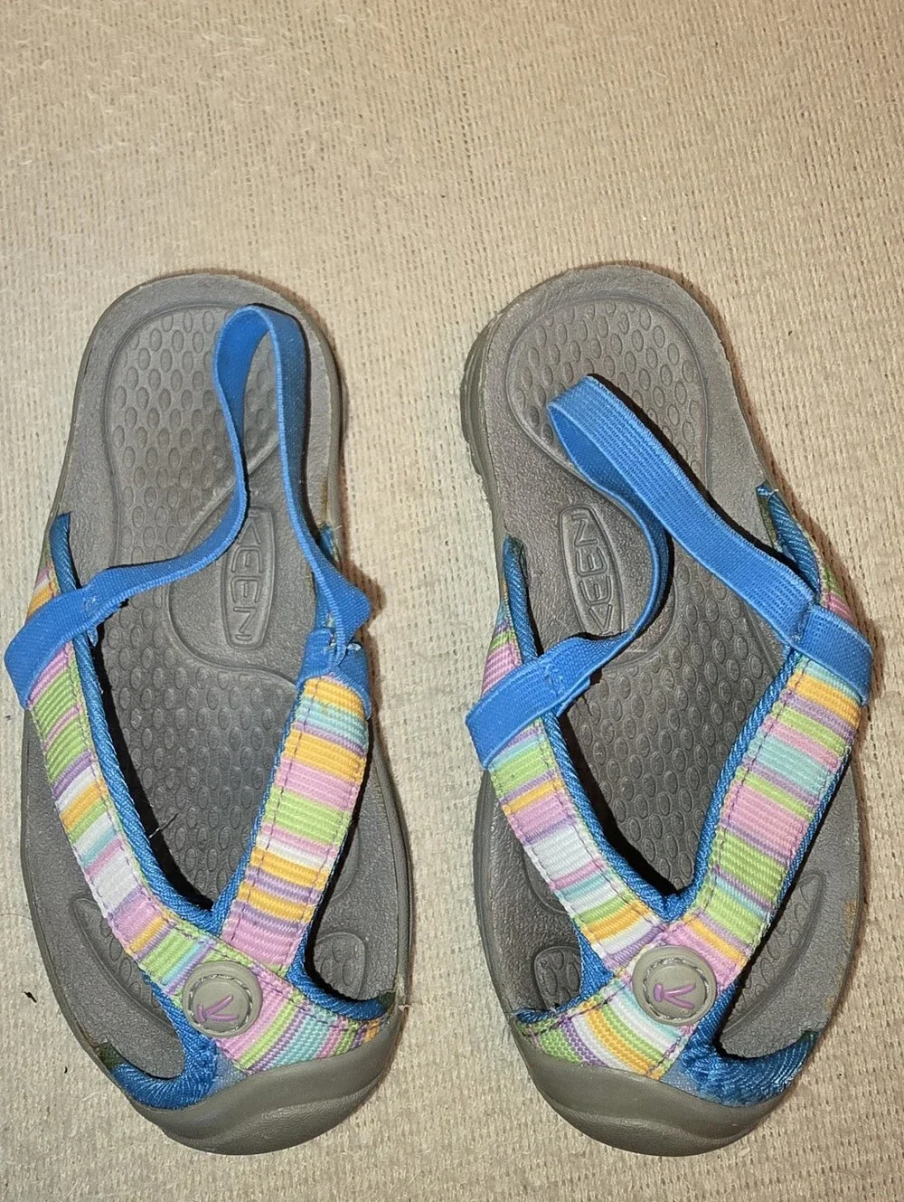 Keen Waimea Flip Flop Kids Multicolor Striped Sandals with Blue Trim size 10